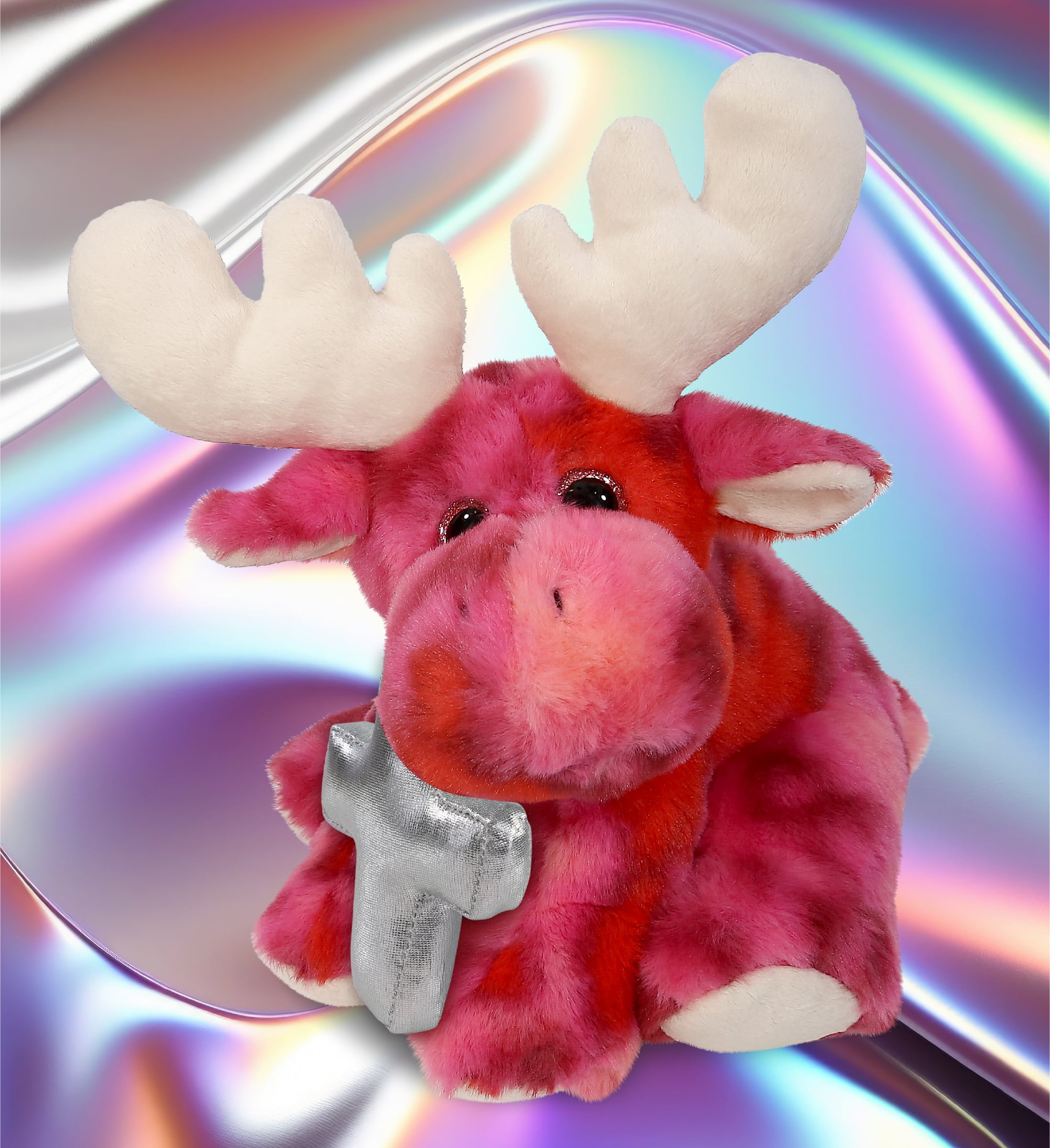 DolliBu Pink Tie-Dye Floppy Moose Stuffed Animal with Silver Cross Plush - Religious Baptism Gifts for Boys and Girls, Dedication Christening Gifts Plush Prayer Toy Healing Stuffed Animal - 9 Inches