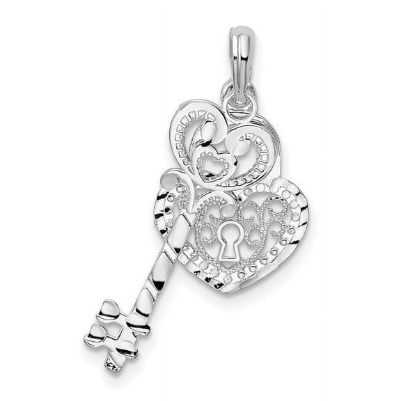 Finest Gold Sterling Silver Polished Moveable Key & Heart Lock Pendant