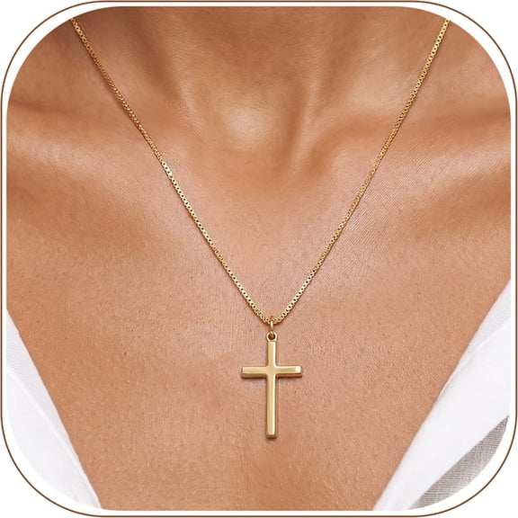 KeyStyle Cross Necklace for Women 14K Gold Plated Dainty Large Cross Pendant Religious Christian Jewelry Faith Gift