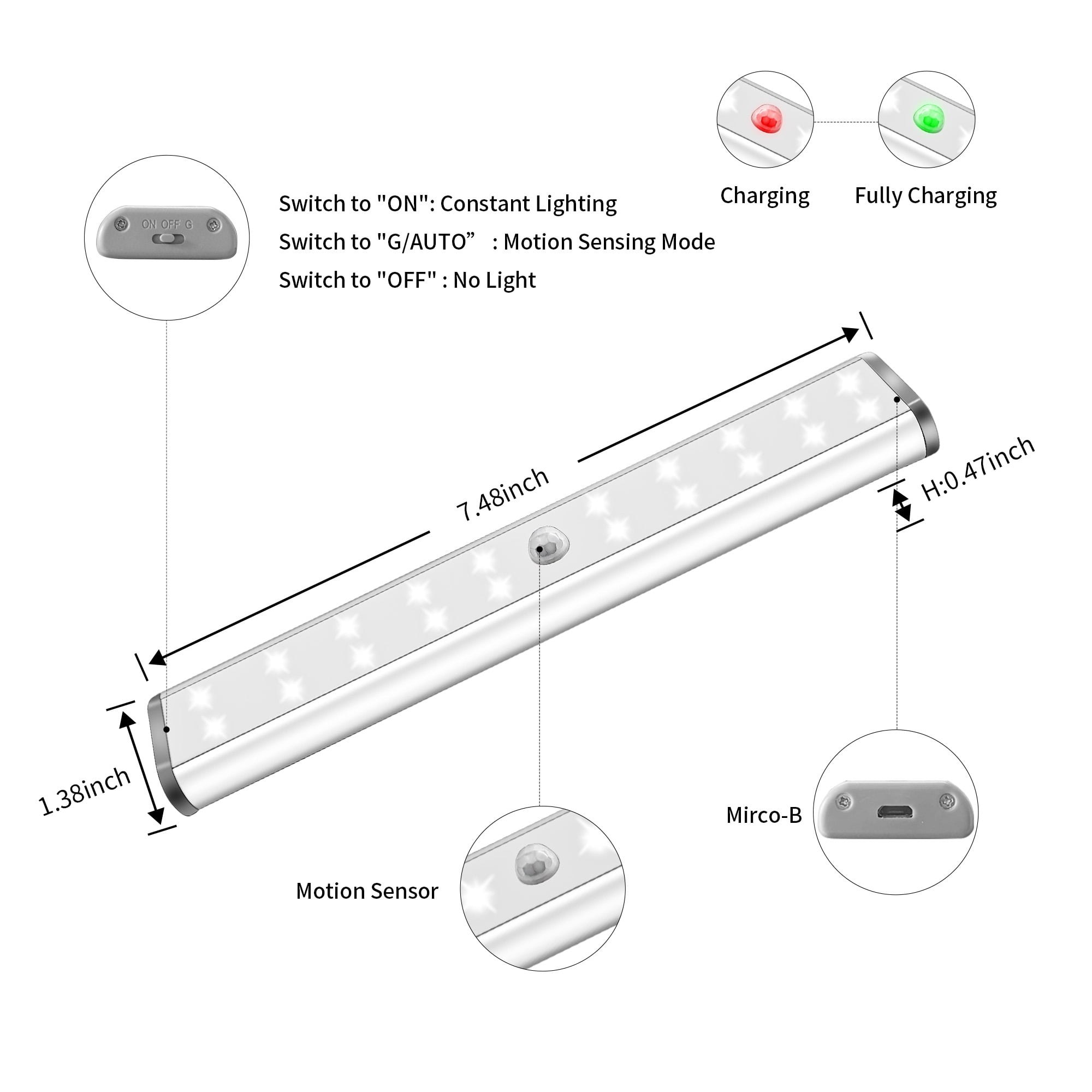 LEPOTEC Motion Wireless Under-Cabinet Light,LED Counter Closet Lighting, USB Rechargeable Kitchen Night Lights,Battery Powered LED Light Bar for Wardrobe,Closets,Cabinet,Cupboard,Hallway,Bedroom3 Pack