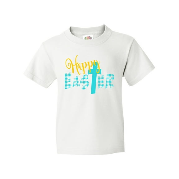 Inktastic Happy Easter with Cross in Teal Plaid Youth T-Shirt