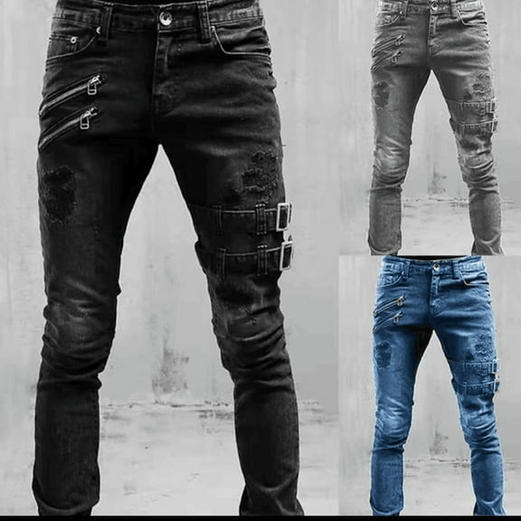 Miluxas Men's Casual Slim Fit Punk Gothic Pockets Patch Buckle Zipper Pants Trousers Gray