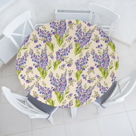 Ambesonne Delphinium Pattern Fitted Round Tablecloth, Leaf Simple Art, 45"- 56" Diameter, Yellow Green Lavender