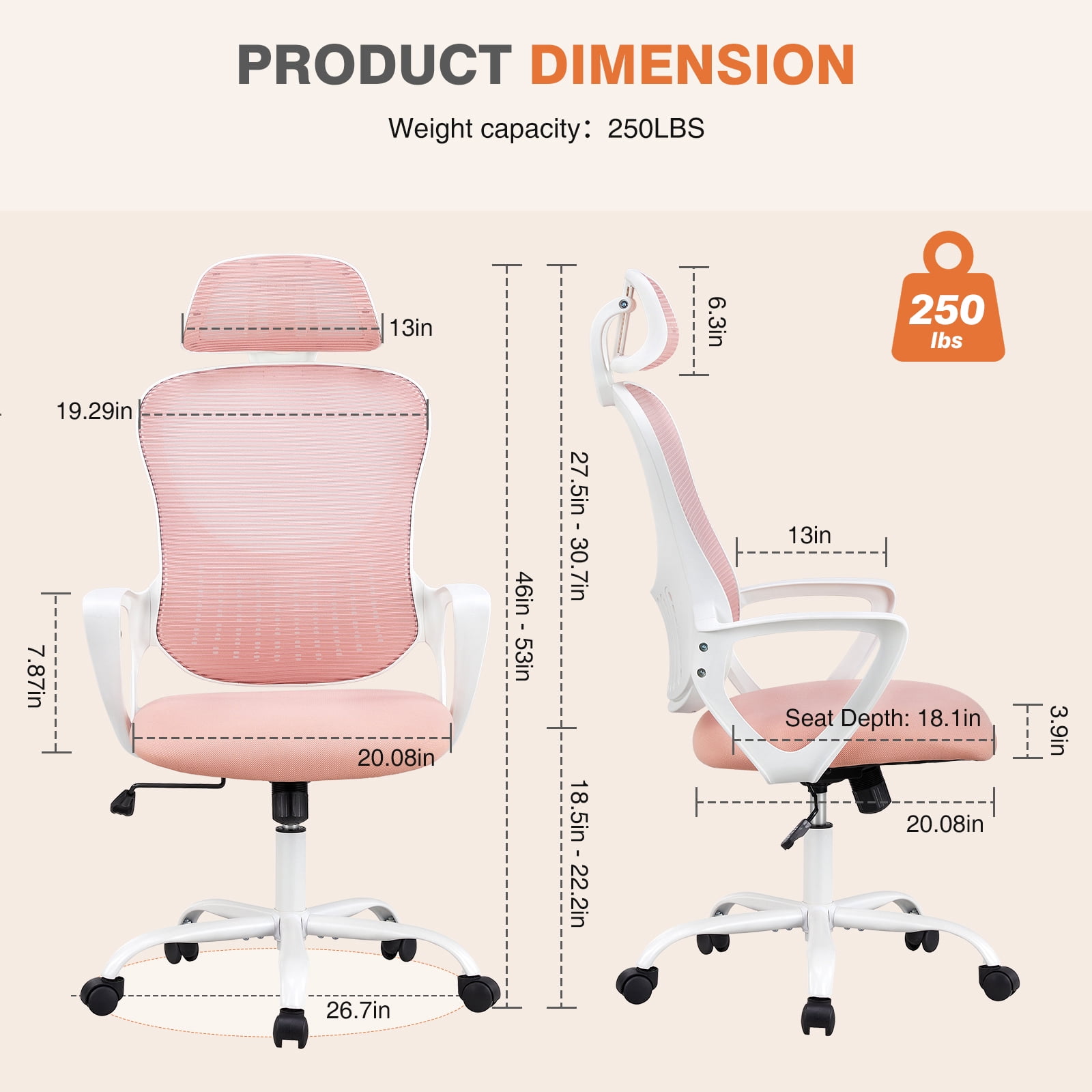 CONCETTA Office Computer Desk Chair, Ergonomic High-Back Mesh Chairs with Wheels and Adjustable Headrests, Pink