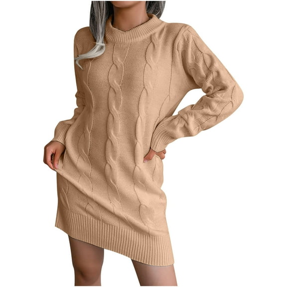 Fjofpr Dresses for Women Knit Dress Womens Crewneck Casual Long Sleeve Autumn Winter Solid Color Loose Hip Wrap Sweater Dress