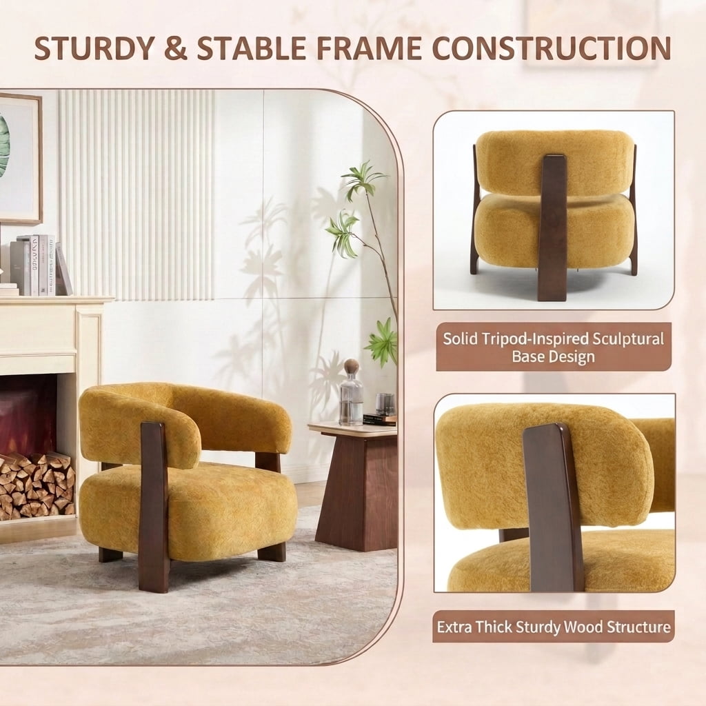 MOONMISS Boucle Accent Chair with Solid Wood Frame, Curved Arm Barrel Chair for Living Room, Bedroom & Office,Yellow