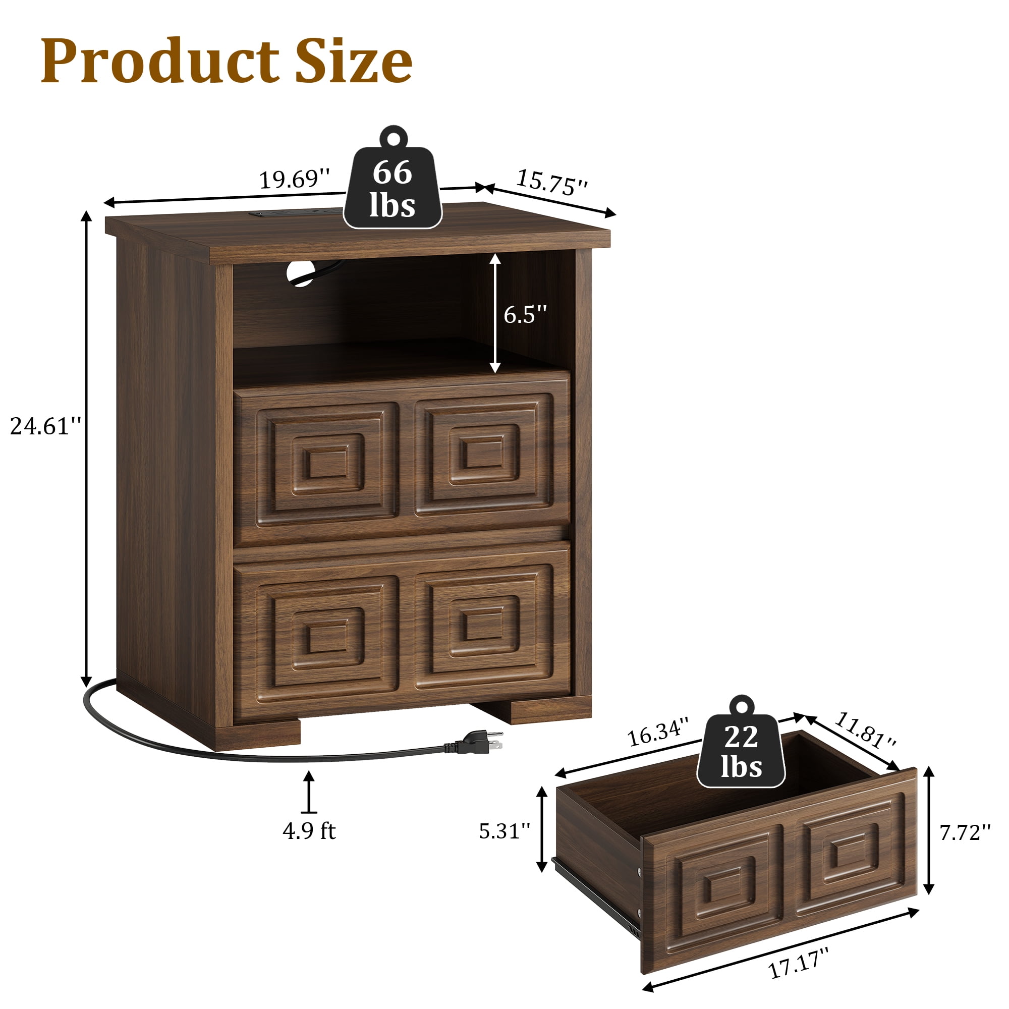 LainTene Farmhouse 2-Drawer Nightstand, Rustic Sofa Side Table with USB & AC Outlets for Bedroom, End Tables for Living Room, Brown