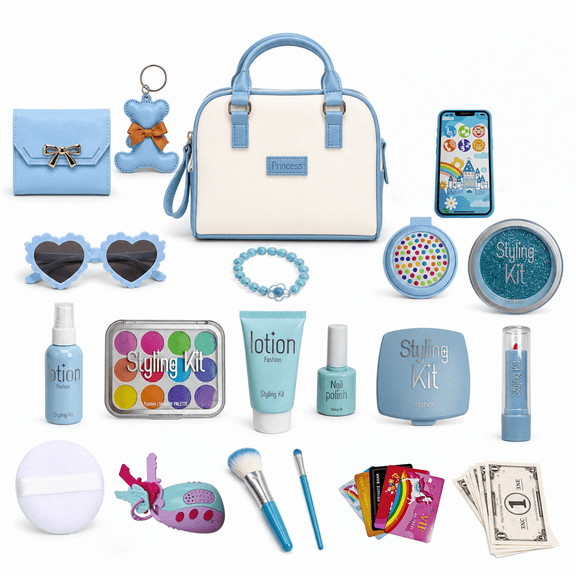 ZIOBLW Purse Accessory Collection, 38 Piece Role Play Set with Handbag, Wallet, Phone, Keys, Cards, Sunglasses and Fashion Accessories, Blue