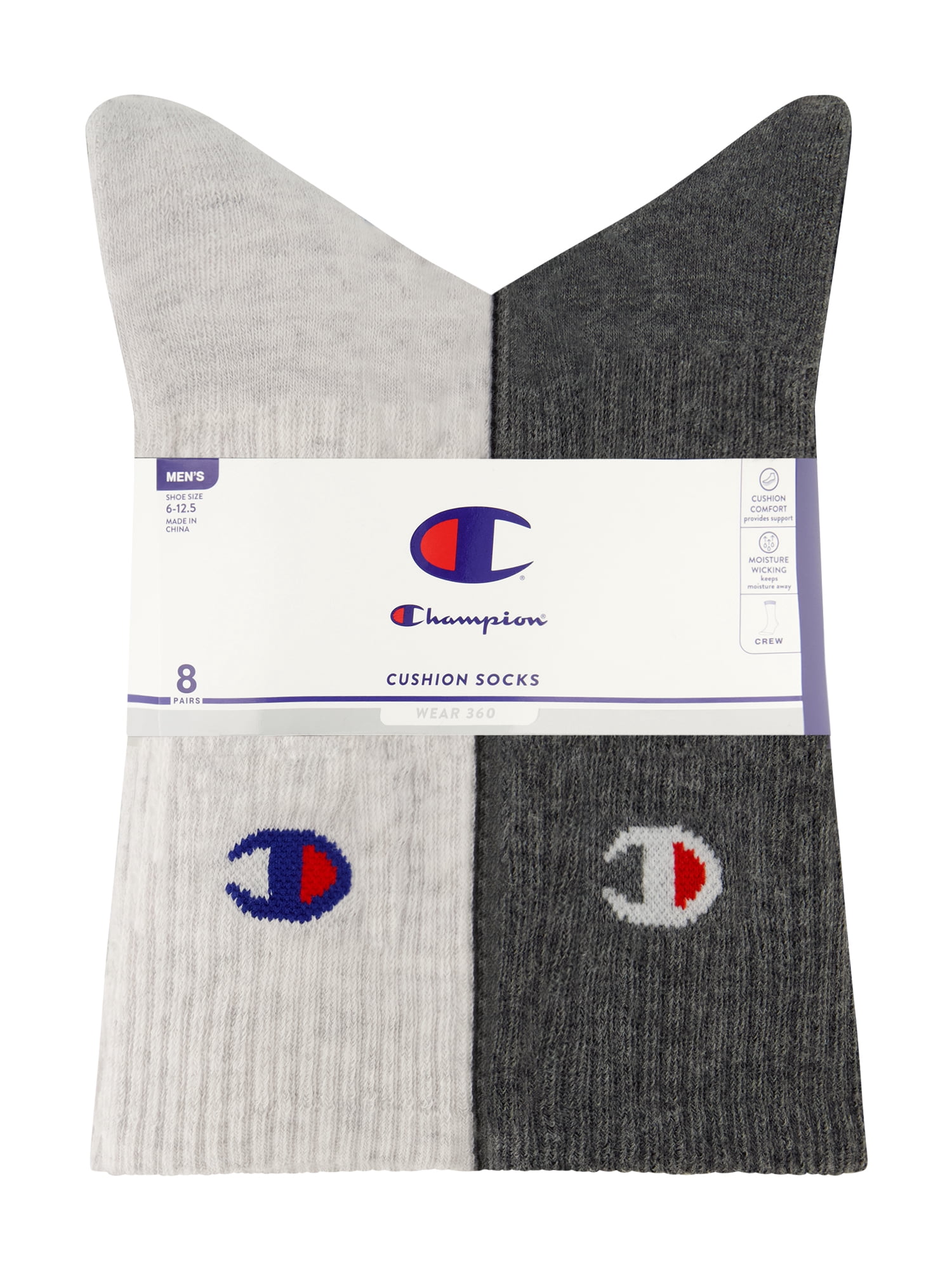 Champion Men’s Crew Socks 8 Pack – Half Terry Cushion, Moisture-Wicking, Arch Support, Reinforced Toe & Heel, Sizes 6–12.5