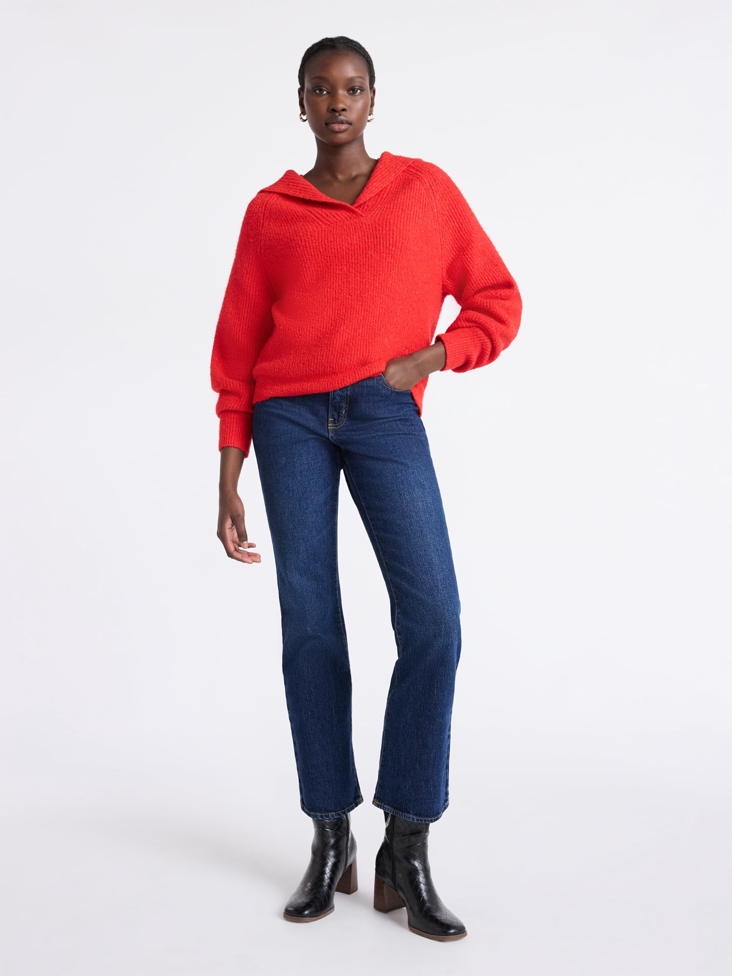 Free Assembly Women's V-Collar Sweater with Long Sleeves, Midweight, Sizes, XS-XXL