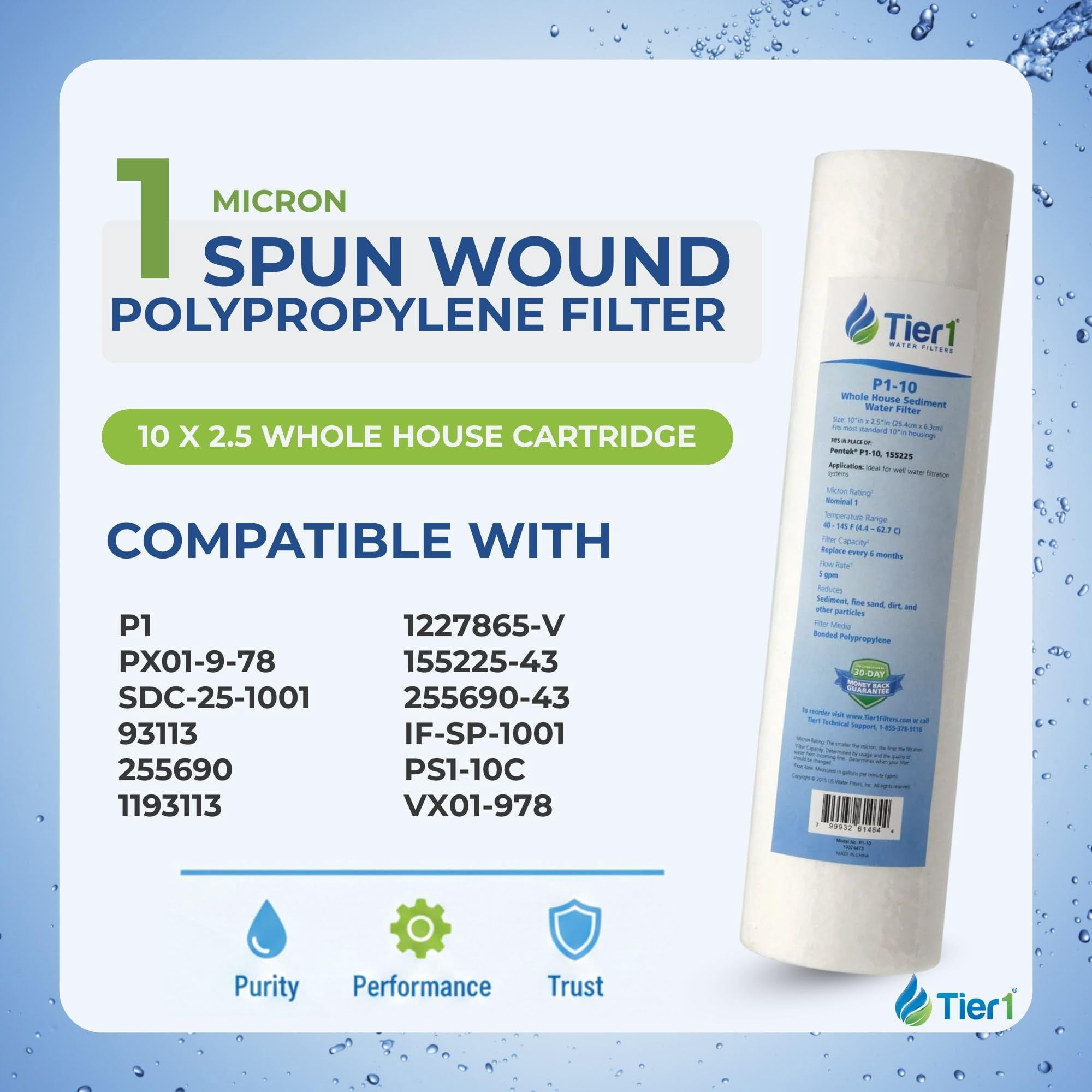 Tier1 1 Micron 10 Inch x 2.5 Inch | 4-Pack Spun Wound Polypropylene Whole House Sediment Water Filter Replacement Cartridge | Compatible with Pentek P1, PX01-9-78, SDC-25-1001, Home Water Filter