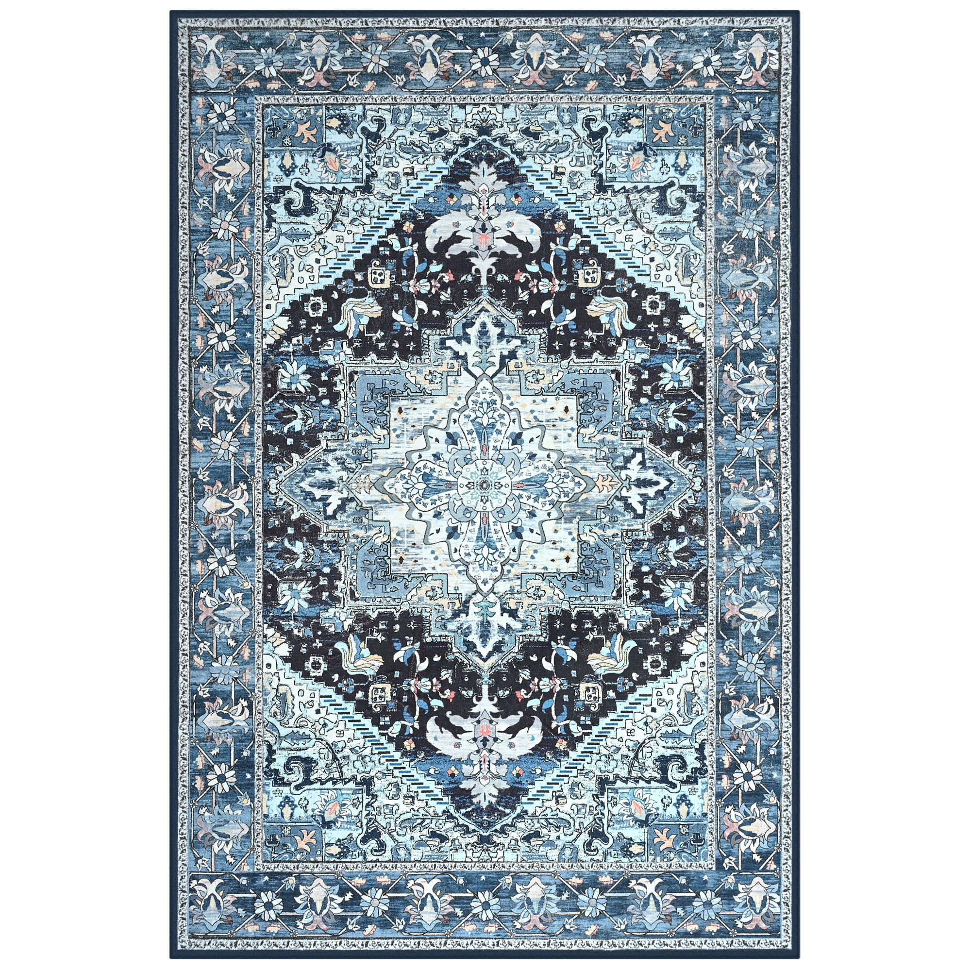 Dwelke Vintage Area Rug Floral Rugs Soft Bedroom Carpet for Living Room Home Decor,4'x6',Blue