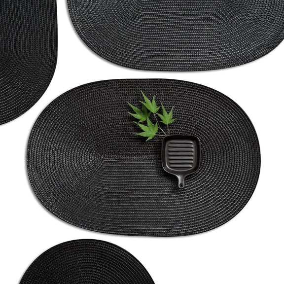 Hakochia 6 pack Washable Woven Vinyl Placemats Set, Non-Slip Heat-Resistant, Oval Table Mats, 18x12 inches, Easy to Clean, Everyday Meals, Black