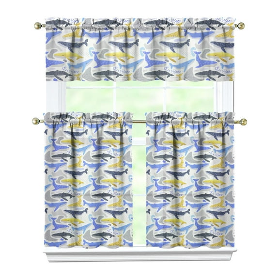 Kitchen Curtains 36 Inch Short - 3 Panel Set, Shark Whale Dolphin Ocean Theme, Rod Pocket Window Curtain, 100% Polyester for Nautical Farmhouse Kitchen, Easy Wash