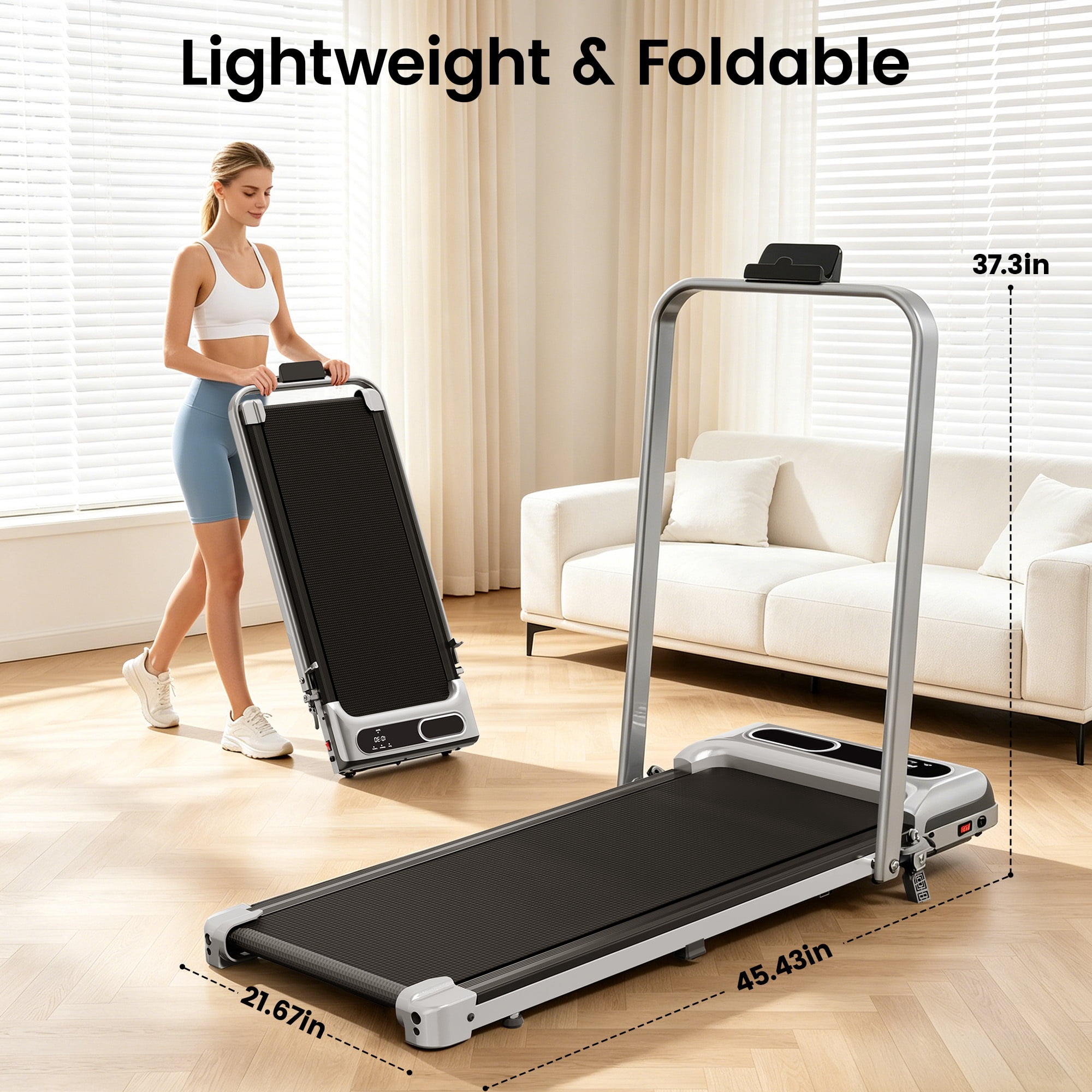 ASoopher Foldable Walking Pad Treadmill with Incline and Handle Bar, Small Portable Under Desk Treadmill, for Home and Office, 0.6-3.8 MPH, Silver