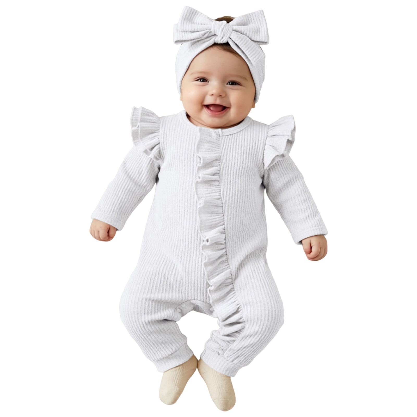 Pandaie Newborn Baby Boy Long Sleeve Romper Ruffled Knit Striped Jumpsuit Hat Coming Home 2 Pcs Outfit White,3-6 Months