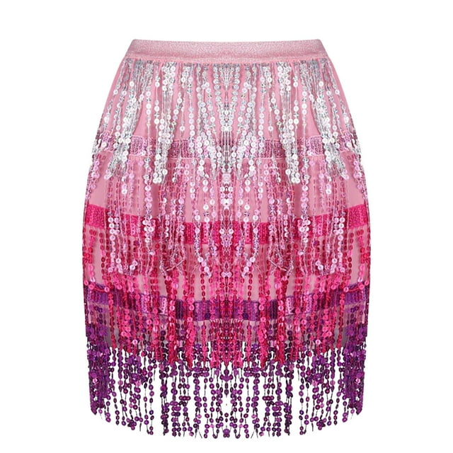 Besolor Jupe à Franges à Sequins pour Femmes, Taille Élastique, mini-Jupe à Franges Scintillantes, Soirée, Danse