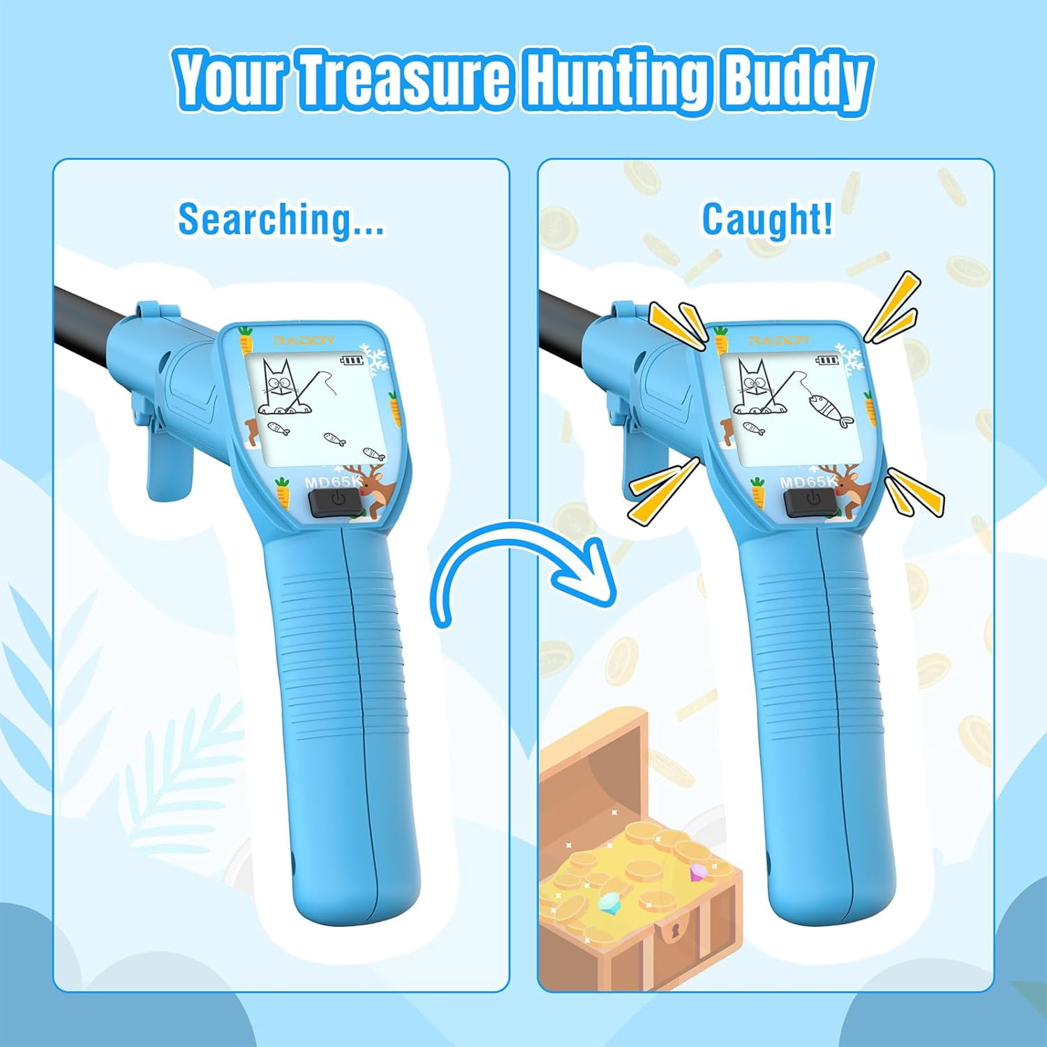 Raddy MD65K Metal Detector for Kids, Adjustable & Lightweight Kids Metal Detector for Treasure Hunting, IPX7 Waterproof 6.5" Coil, Fun LCD Display, for Boys & Girls Ages 3–12, Blue
