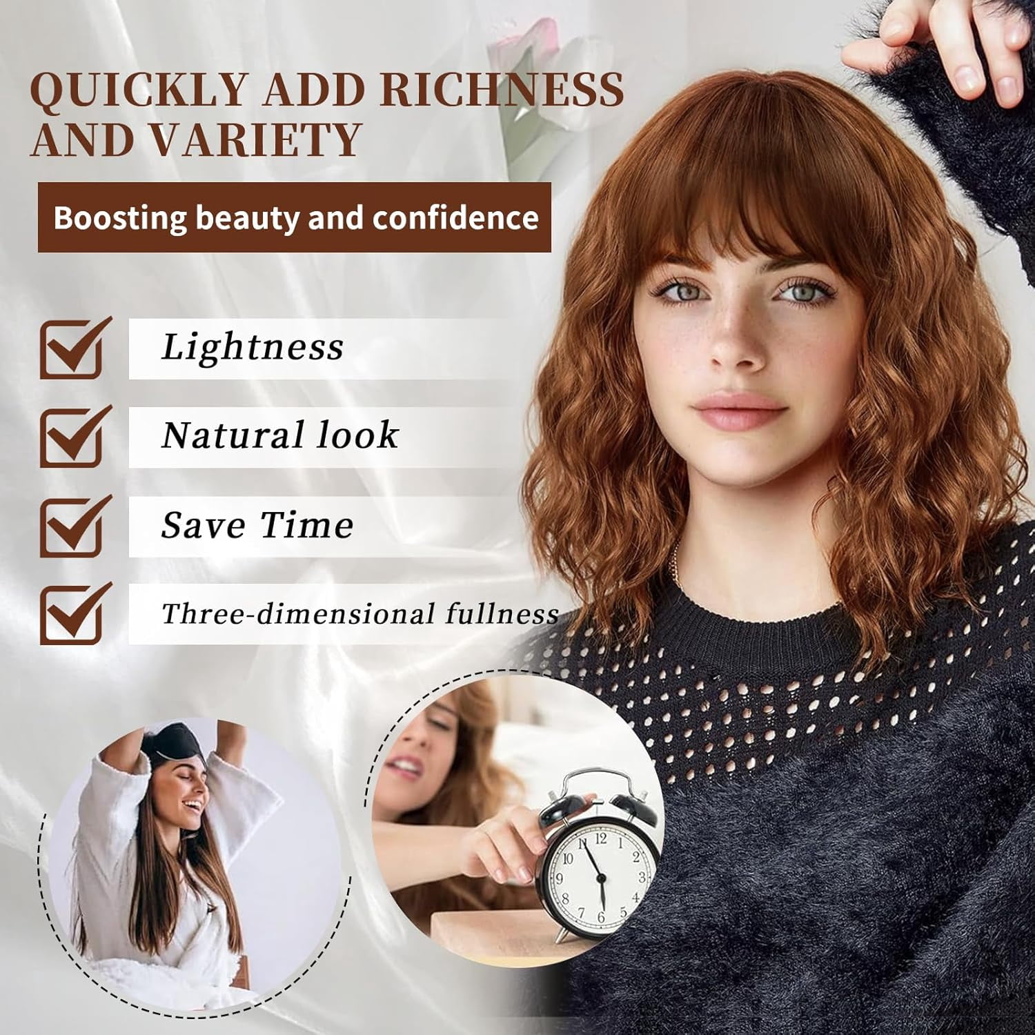 Wig with Bangs Short Bob Wigs for Women Shoulder Length Wavy Curly Wigs Synthetic Fiber Wigs 14 Inches for Daily Party Use