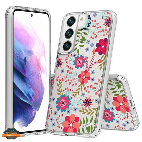 Xpression Phone Case For Samsung Galaxy S25 /S24 Floral Pattern Hybrid Transparent TPU Silicone, Shock Absorption Bumper, Hard Back Slim Cover, Red Blooms Blossom