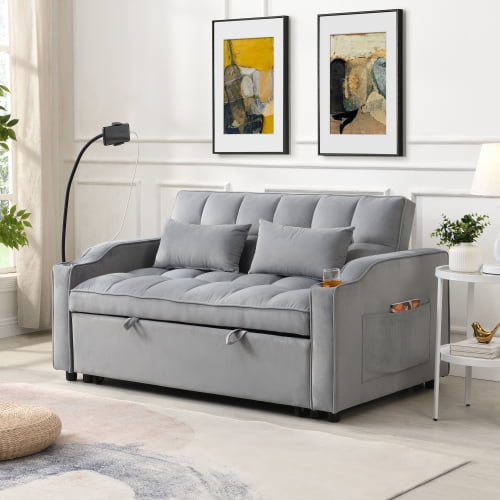 Modern Velvet Loveseat Futon Sofa Couch w/Pullout Bed,Small Love Seat Lounge Sofa with adjustable Reclining Backrest,Toss Pillows, Pockets,Furniture for Living Room,3 in 1 Convertible Sleeper Sofa Be