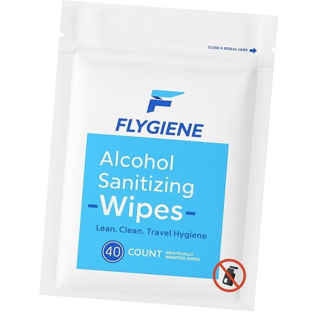 Toallitas desinfectantes FLYGIENE Toallitas húmedas de viaje con 70% de alcohol, 40 unidades