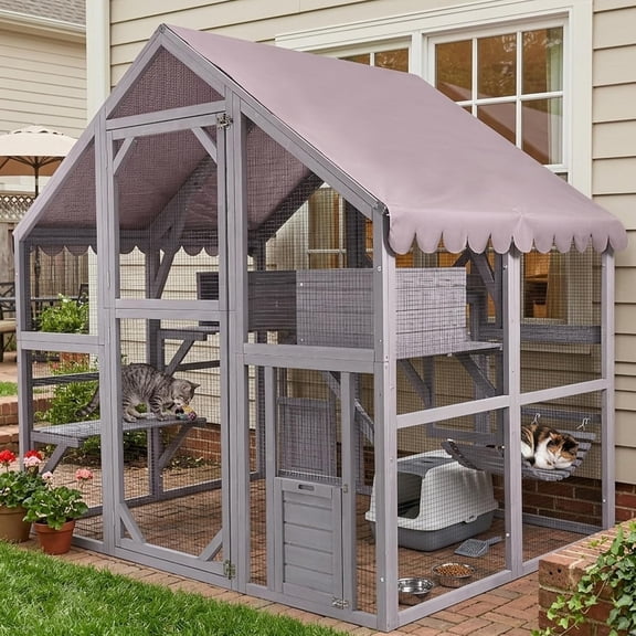 Aivituvin Extra Large Catio Outdoor Cat Enclosure Window Design for 6-10 Cats, Walk-in Patio Cat House with 4 Access Doors, Waterproof Roof