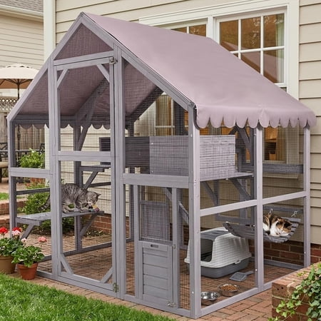 Aivituvin Extra Large Catio Outdoor Cat Enclosure Window Design for 6-10 Cats, Walk-in Patio Cat House with 4 Access Doors, Waterproof Roof