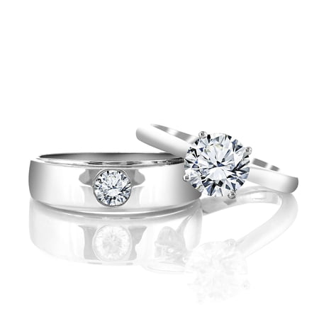JeenMata Couples His and Her Rings - 1.3 Carat Round Cut Moissanite Promise Rings for Couples - 18K White Gold over Silver