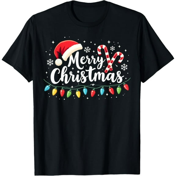 Merry Christmas Lights Red Santa Hat Xmas Family Men Women T-Shirt