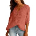 thumbnail image 5 of Womens 3/4 Sleeve Tops Cotton Linen Shirts Embroidered V Neck Button Boho Blouses Loose Fit Dressy Casual Tunic Top, 5 of 7