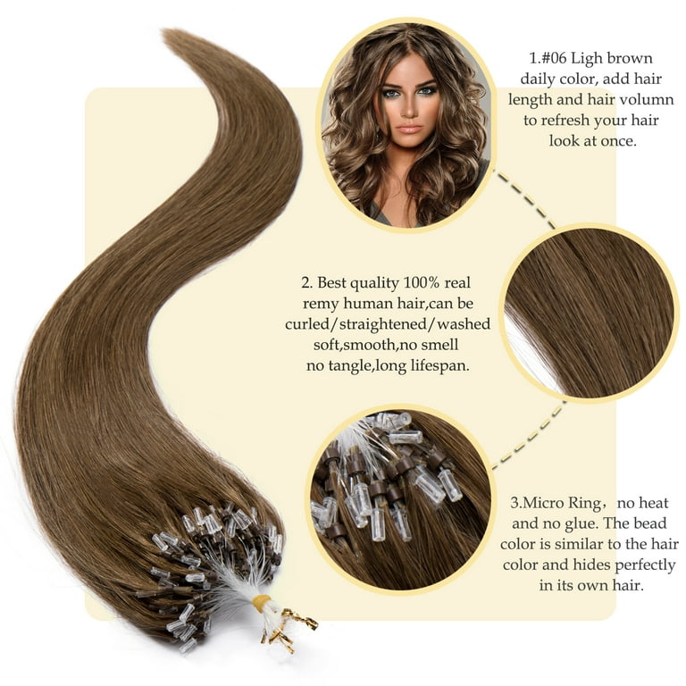 Benehair 0.5g Loop Hair Extensions Micro Ring Easy Russian Remy Human Hair Line Microtube Micro Beans Links Hair 100 Strands Brown Straight