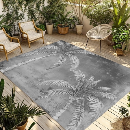 Outdoor Rug, Tropical Twin Gray Palms Indoor Area Rug Outdoor Carpet RV Camping Rugs 5x8ft Minimalist Monochrome Art Outside Mat for Patio Picnic Porch Deck Balcony Backyard