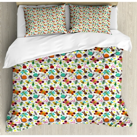 Animals Duvet Cover Set Queen Size, Colorful Composition of Summer Insects Happy Cheerful Bugs Nursery Illustration, Decorative 3 Piece Bedding Set with 2 Pillow Shams, Multicolor, by Ambesonne