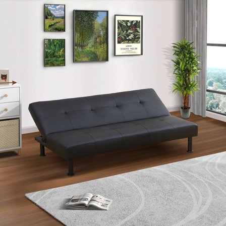 Black Faux Leather Convertible Futon Sofa Bed - 3 Adjustable Positions, Stable Metal Legs for Living Room/Studio/Office