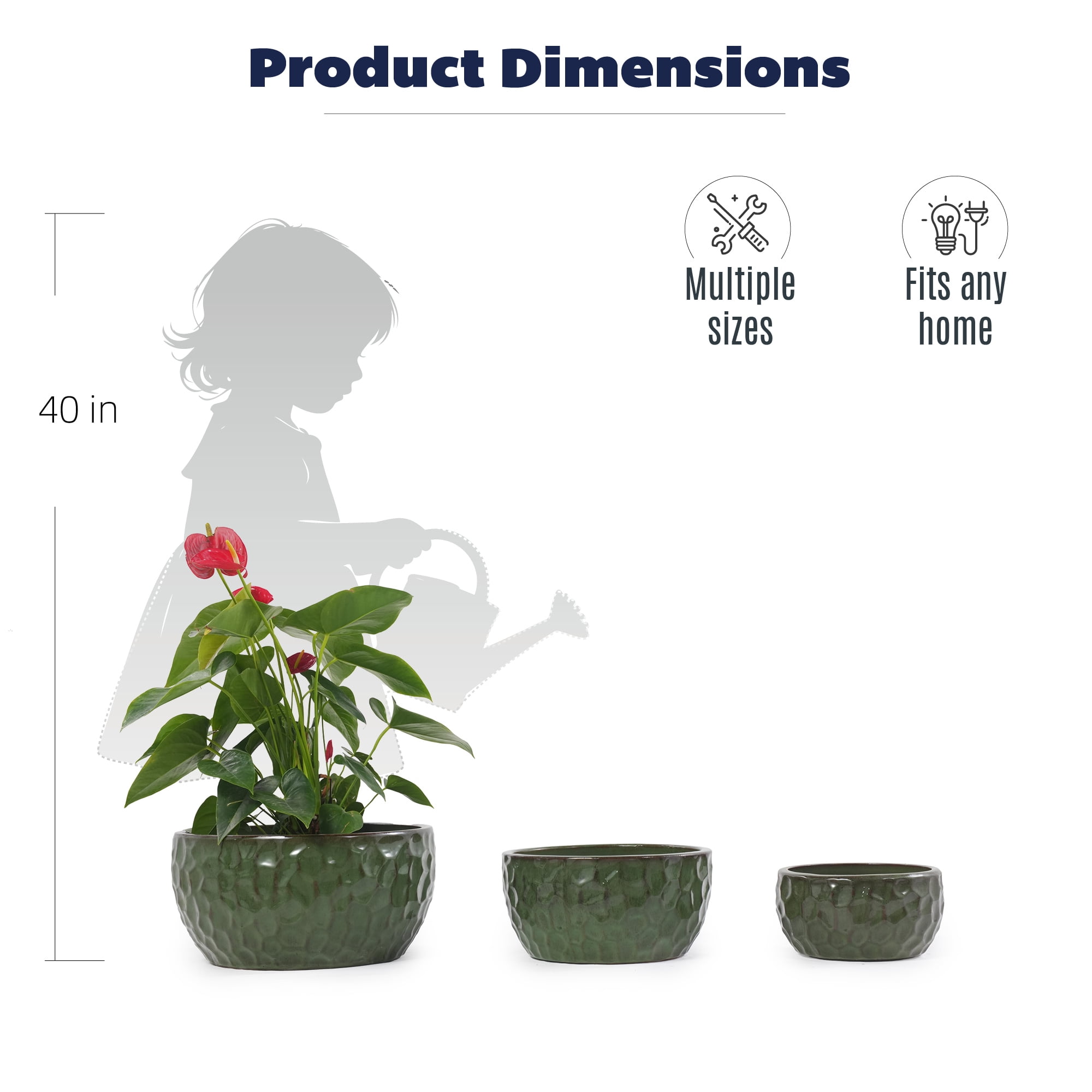 Leumius Set of 3 Handmade Ceramic Planter, 15"/12"/10" Diameter, Green Hammered Texture, for Succulents & Violets, Indoor/Outdoor Use on Windowsill & Bookshelf Green