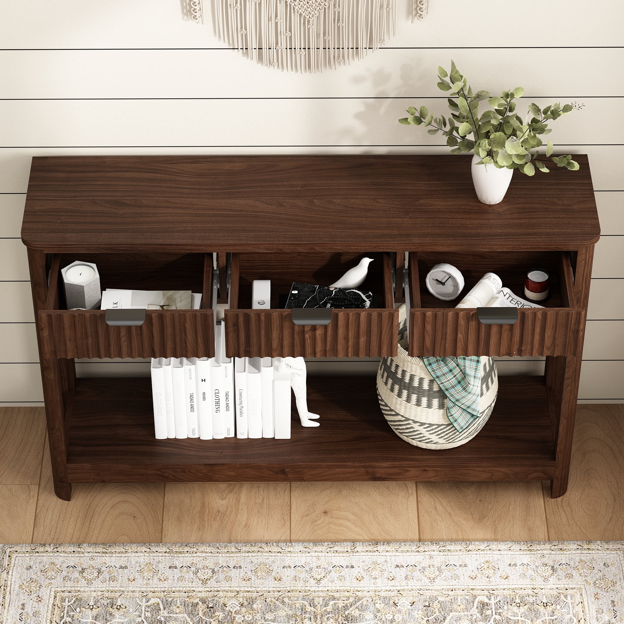 47" Console Table with 3 Drawers,Fluted Sofa Table, Entryway Table with Storage Shelf for Living room,Hallway and Bedroom,Brown