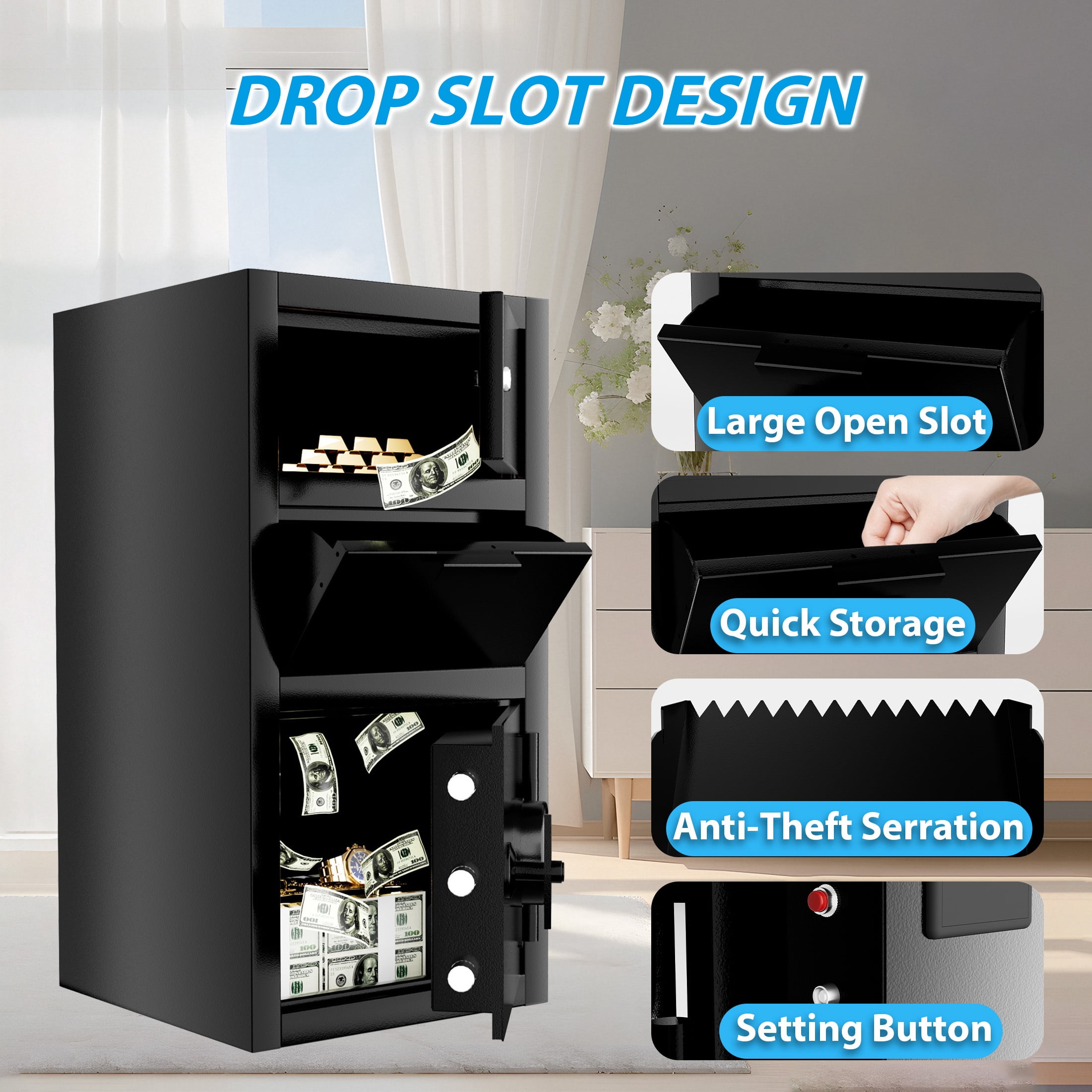 4.0 Cubic Feet Heavy Duty Dual Door Safe Box, Drop Safe Fireproof with Deposit Slot, Security Cash Safe for Home, Office, Hotel, Restaurant