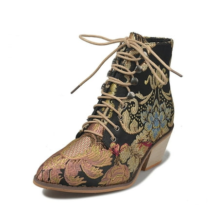 

Egmy Winter Ladies Flat Embroidered Lace-Up Retro Casual Ankle Boots Gold 9(42)