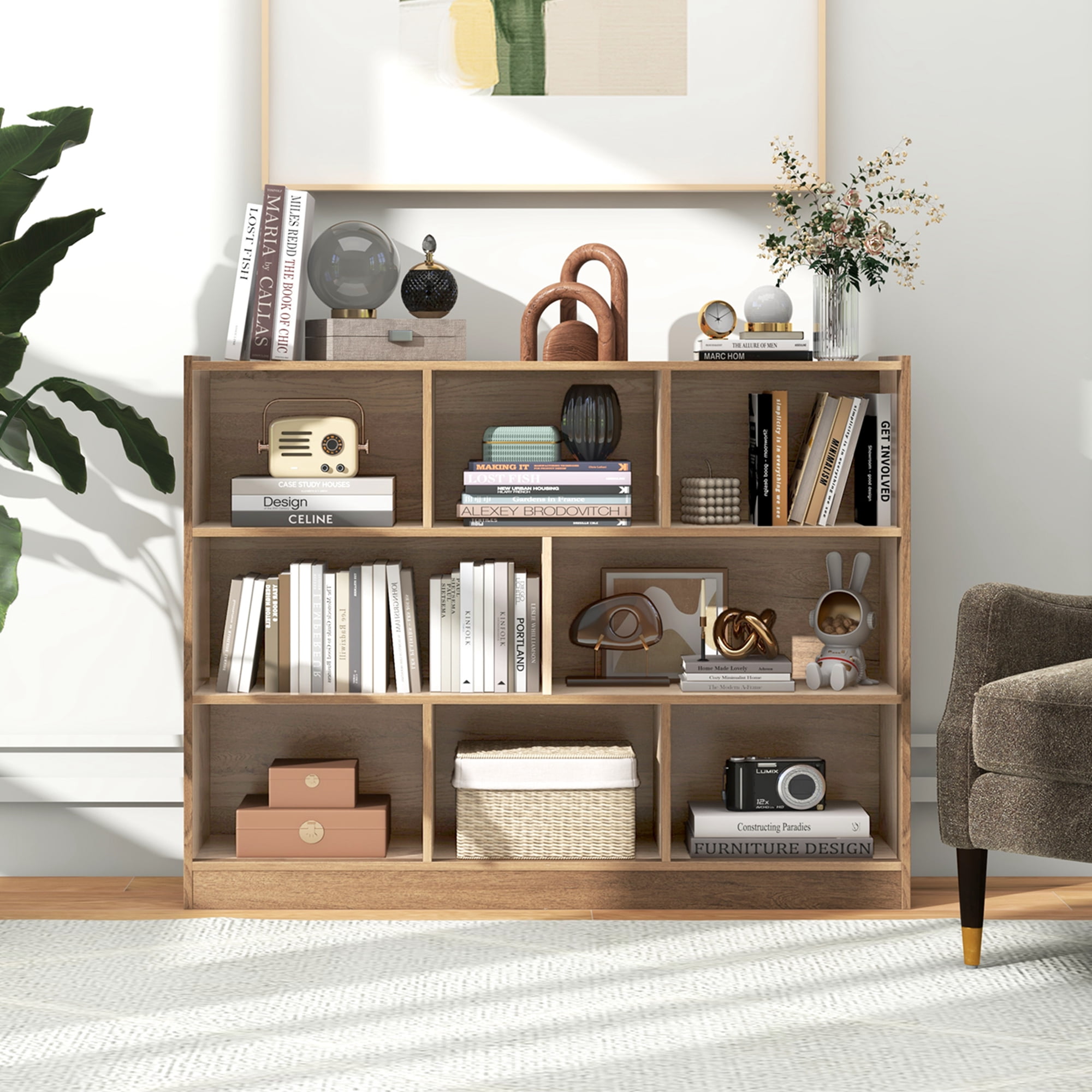 Costway 8 Cube 3-Tier Open Wooden Bookshelf Toy Storage Organizer with Anti-toppling Kits Natural