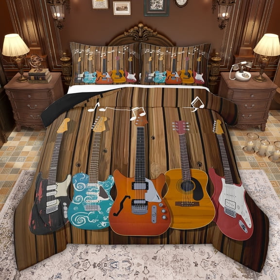 jejeloiu Modern Music Guitar Twin Comforter Sets,Old Wooden Plank Bedding Set For Adults Reversible 2 Pieces