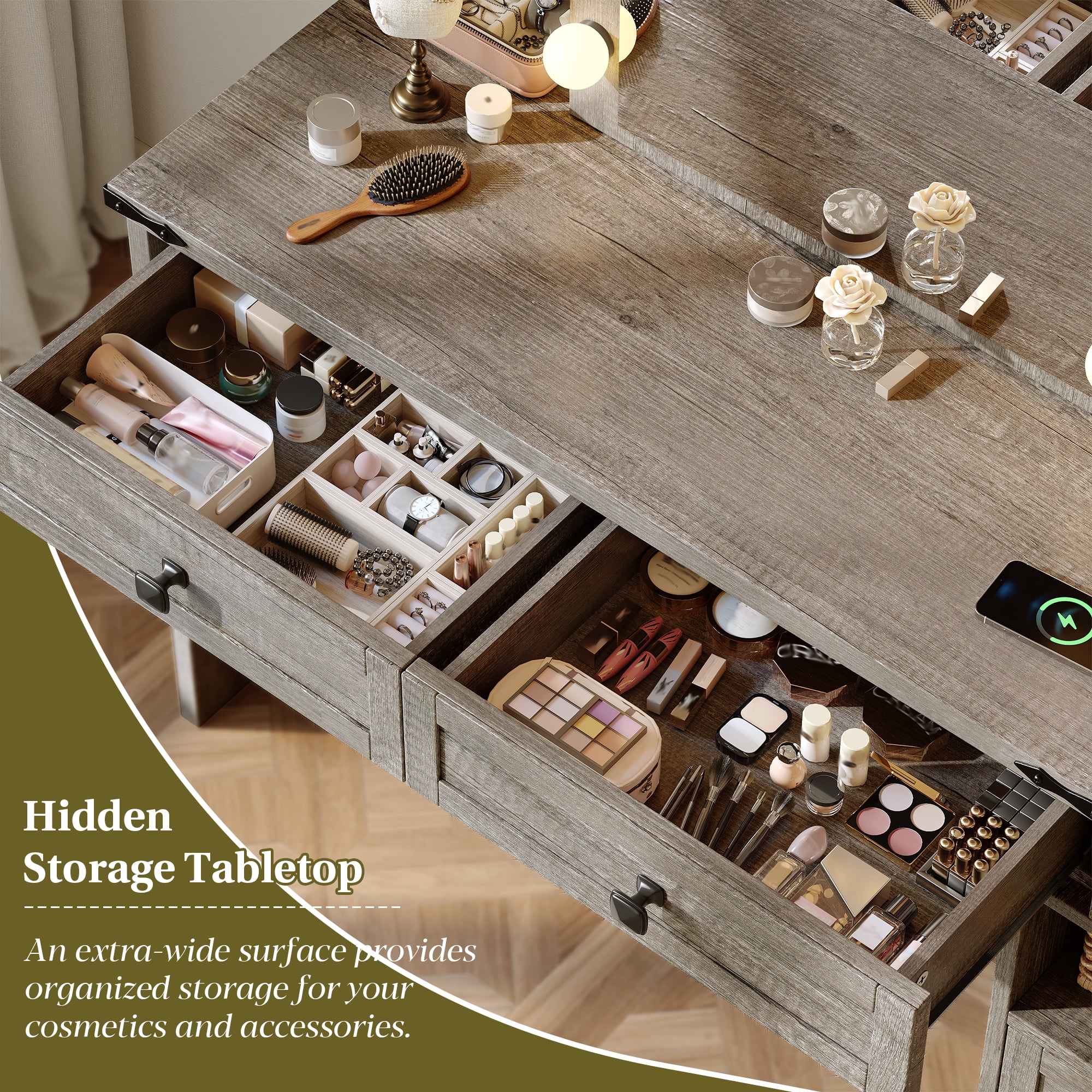 Farmhouse Makeup Vanity with Sliding Mirror & Lights Large Vanity Desk with Charge Station Dressing Table with 4 Drawers & 2 Cabinets, Light Rustic Oak