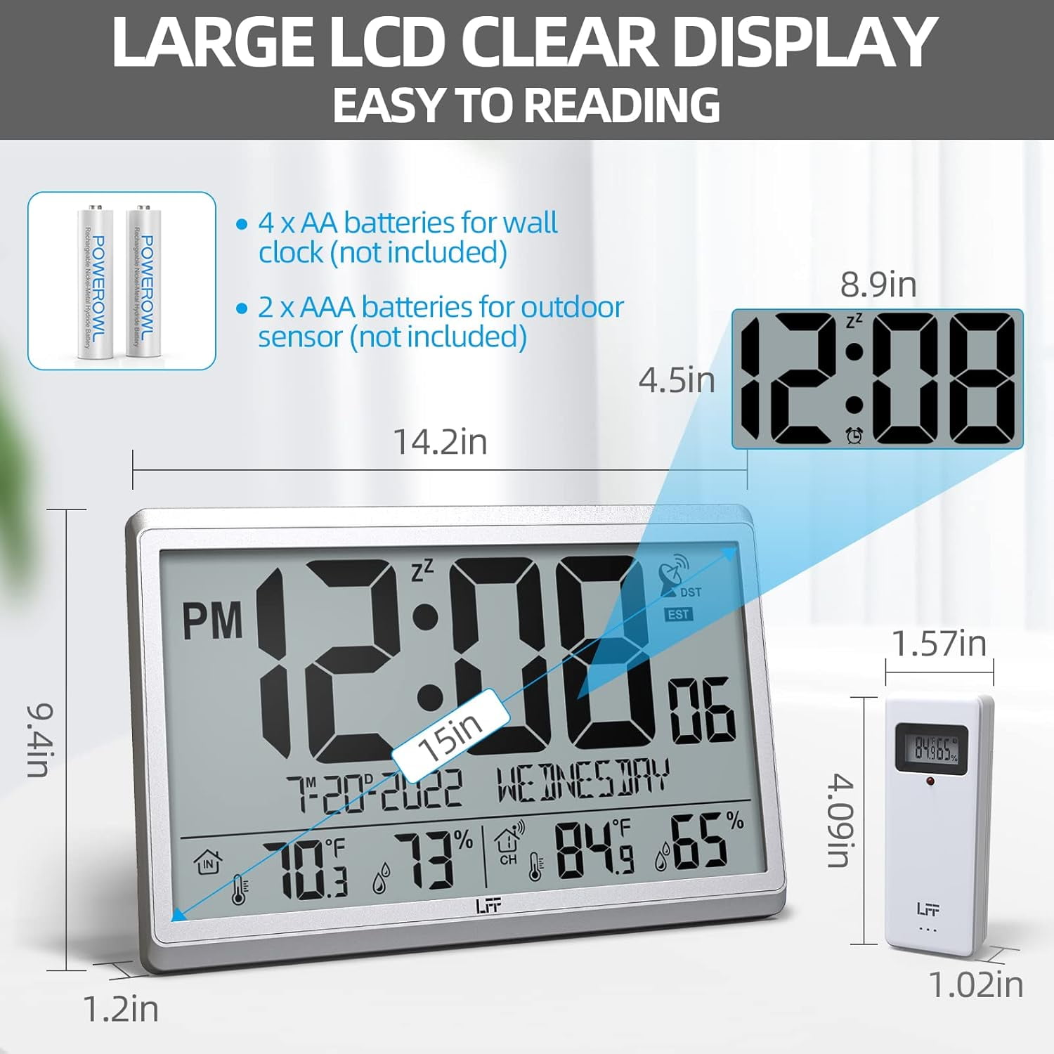 LFF Atomic Clock - Never Needs Setting, Battery Operated, 15" Atomic Wall Clock with Indoor Outdoor Temperature & Humidity, Digital Wall Clock with 4.5" Numbers Easy-to-Read, Silver