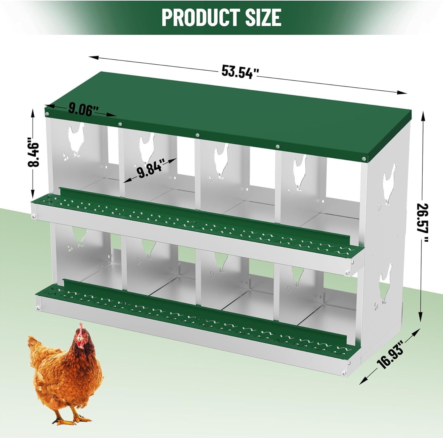 SparkTrend Nesting Boxes for Chickens, 8 Compartment Chicken Nesting Box, Metal Chicken Laying Boxes with Perch, Secure Lid, Versatile Wall Mount or Free Standing for Hens, Green