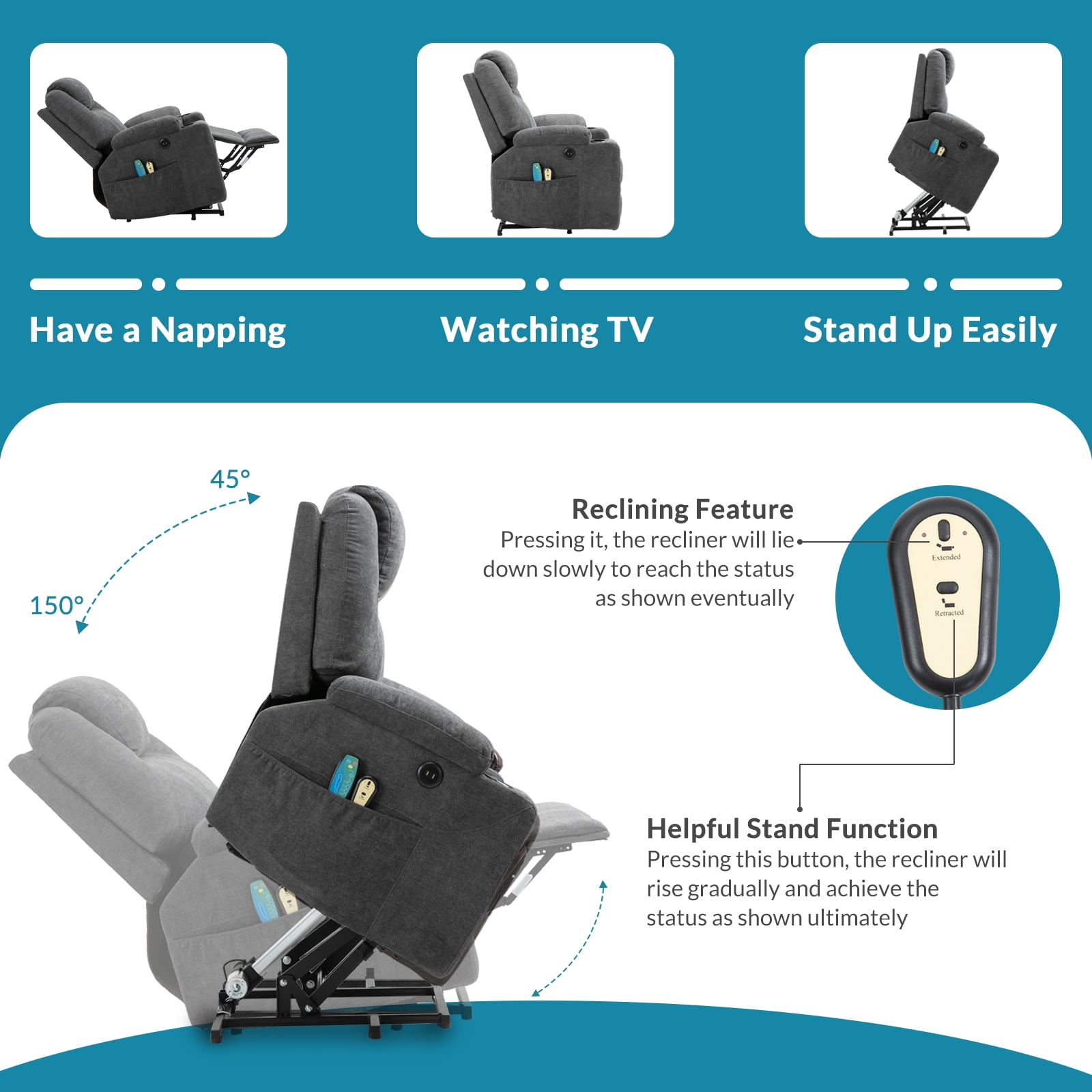 OUINCH Power Lift Recliner Chair, Electric Massage & Heated, Fabric with USB & Cup Holders, Grey