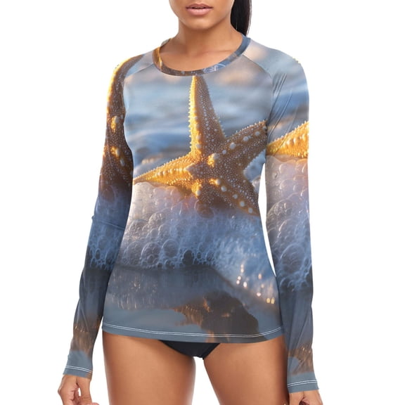 joogoo Womens UPF 50  Sun Shirts Starfish on Sea Beach Long Sleeve UV Protection Rash Guard Tops S