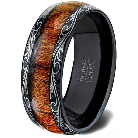 Mens Wedding Band 8mm Black Tungsten Ring Wood Inlay Pattern Dome Mens Wedding Band 8mm Black Tungsten Ring Wood Inlay Pattern Dome Comfort Fit 8 5