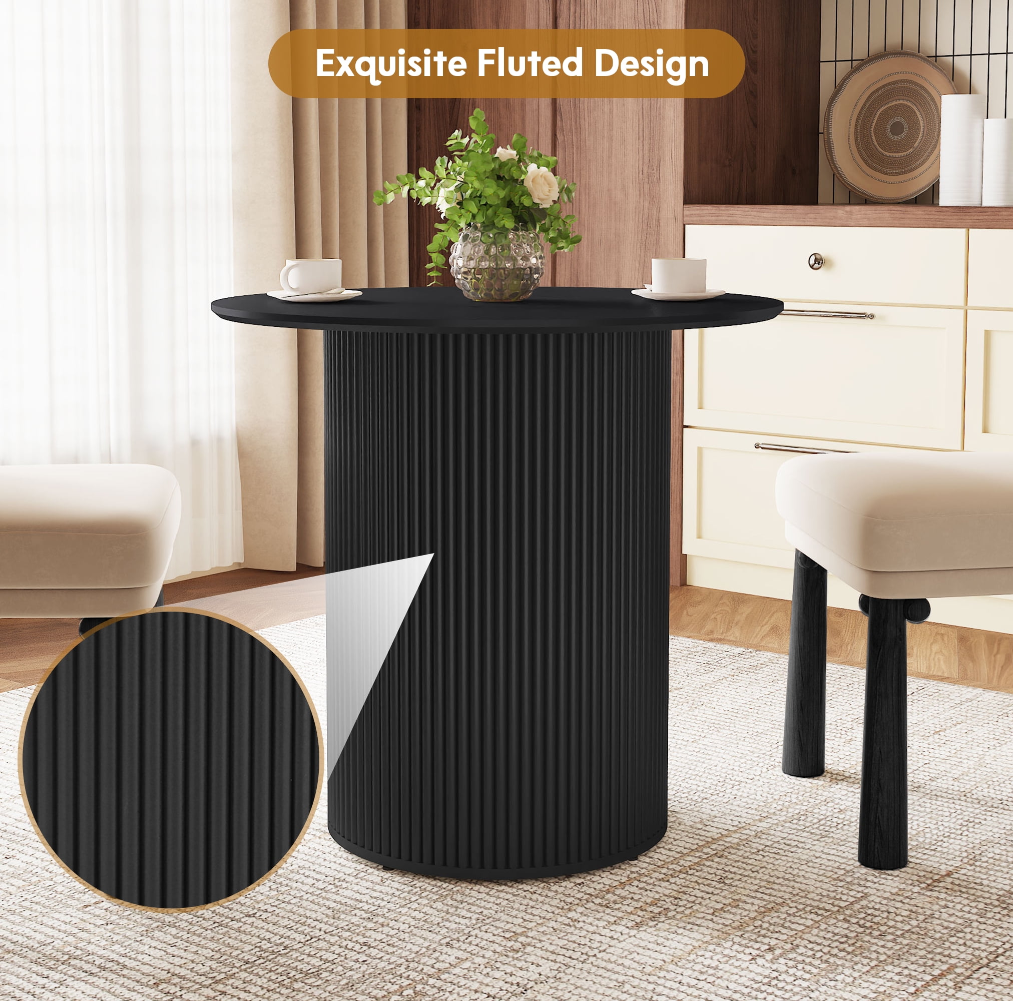 PHOYAL Fluted Small Round Dining Table for 2, 31.5 Inch Circle
