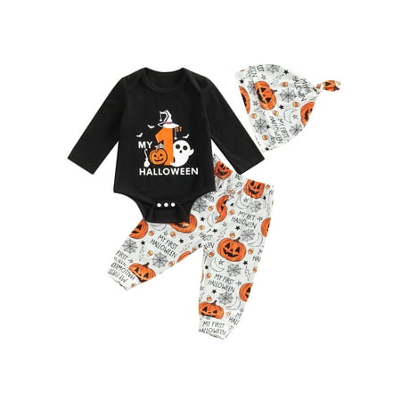 

My 1st Halloween Baby Boys Girls Outfits Letter Print Romper Pumpkin Ghost Spider Bat Print Pants Hats 3PCS Outfits Set