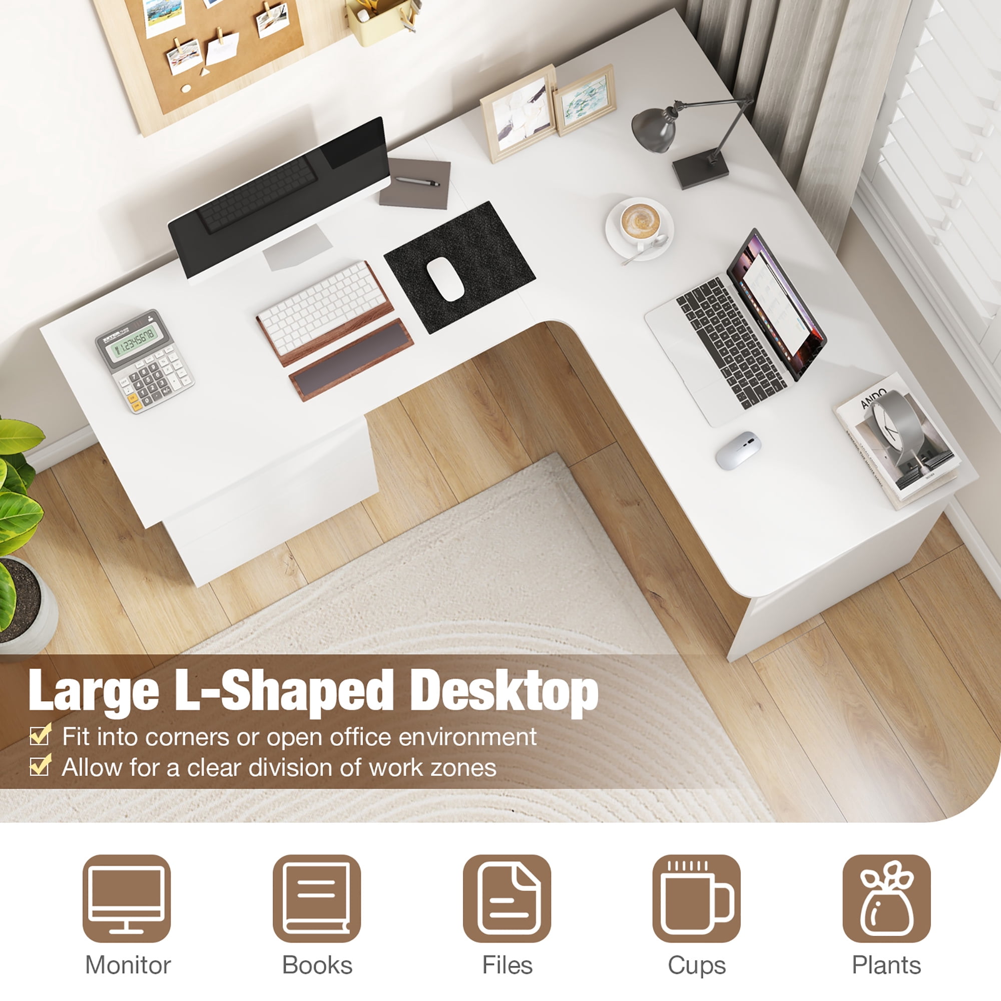 Gymax 59'' Corner Computer Desk L-Shaped Desk w/ Letter Size File Drawer & Open Shelf White